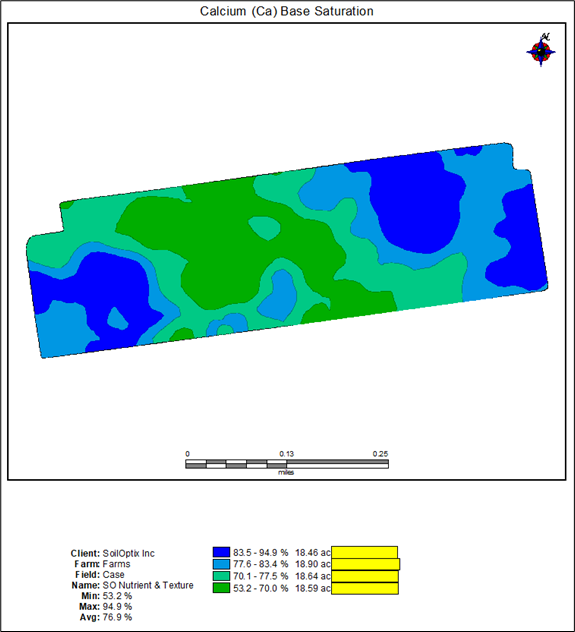 SoilOptix % calcium base saturation soil map of the Hardy Farm