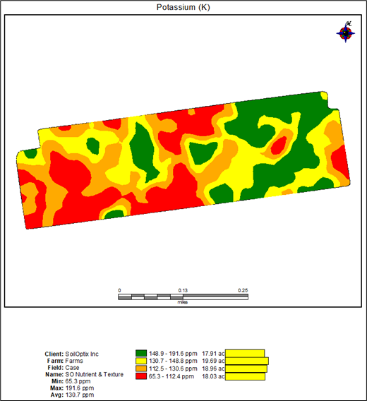 SoilOptix potassium soils map layer of the Hardy Farm