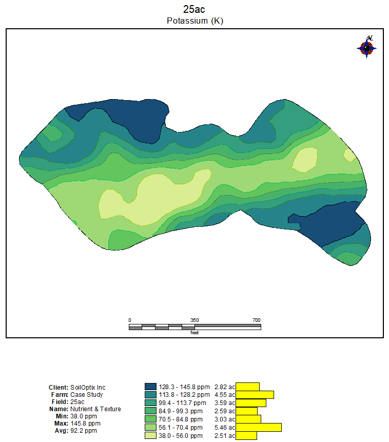 SoilOptix® Potassium map of the 25 Acre Case Study Farm