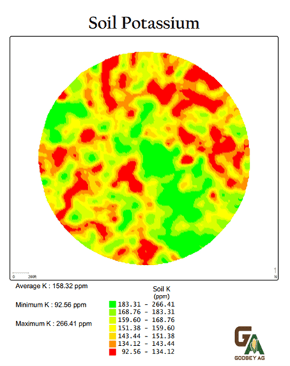 SoilOptix® high resolution layer showing soil potassium as parts per million (ppm)
The variability in this field ranges from 92 to over 260 ppm.