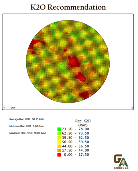 VRT Script for Muriate of Potash (K20) developed from SoilOptix® high resolution data.
Average rate of K20 is 50.13 lbs/acre