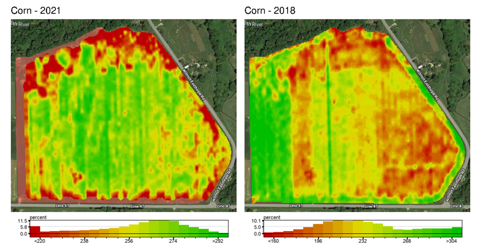 Figure 6: 2021 & 2018 Yield Maps for SR Corn Field