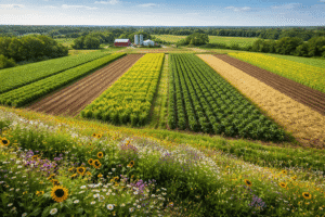 A realistic aerial view of a sustainable farm in the USA showing crop rotation fields, healthy soil variation, and native wildflower strips supporting pollinators.
