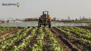 Modern crop sprayer Modern crop sprayer applying fertilizer with GPS guided precision across uniform field supporting efficient fertilizer use and precision agriculture management