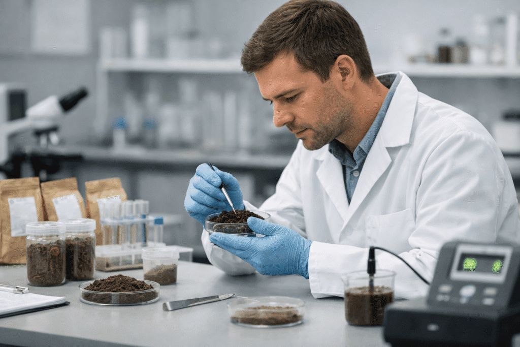Soil scientist analyzing soil sample in modern laboratory using professional testing equipment to support data driven agriculture and soil analysis accuracy
