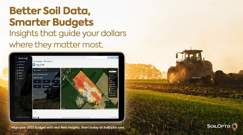 SoilOptix® featured image showing tablet with high-resolution soil map overlay and tractor in the field, highlighting the message: Better Soil Data, Smarter Budgets.