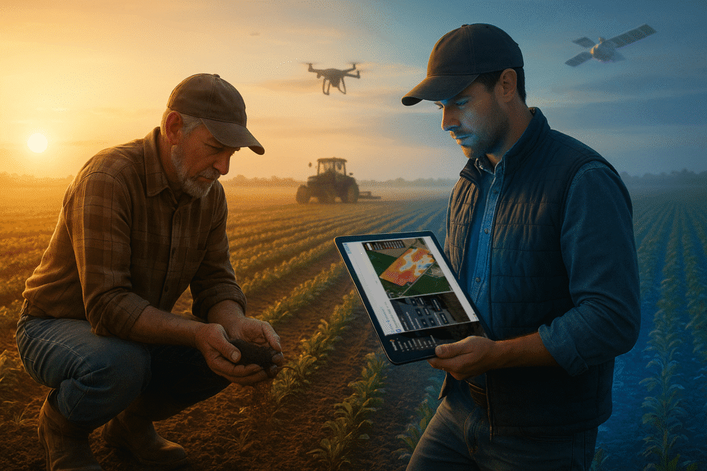 Two farmers in a field at sunrise reviewing SoilOptix® high-resolution soil mapping data on a tablet, symbolizing the next generation of farmers combining tradition and technology.