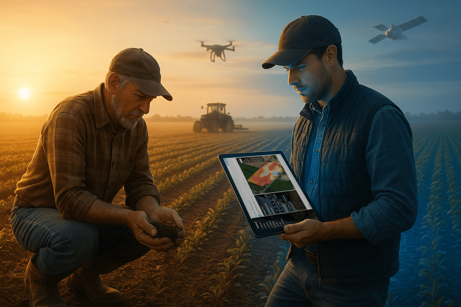 Two farmers in a field at sunrise reviewing SoilOptix® high-resolution soil mapping data on a tablet, symbolizing the next generation of farmers combining tradition and technology.