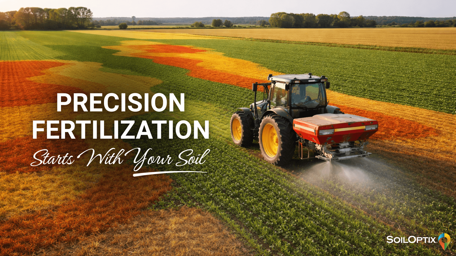 Precision fertilization in action showing a tractor applying fertilizer across soil variability zones, highlighting how soil intelligence supports data-driven nutrient management decisions