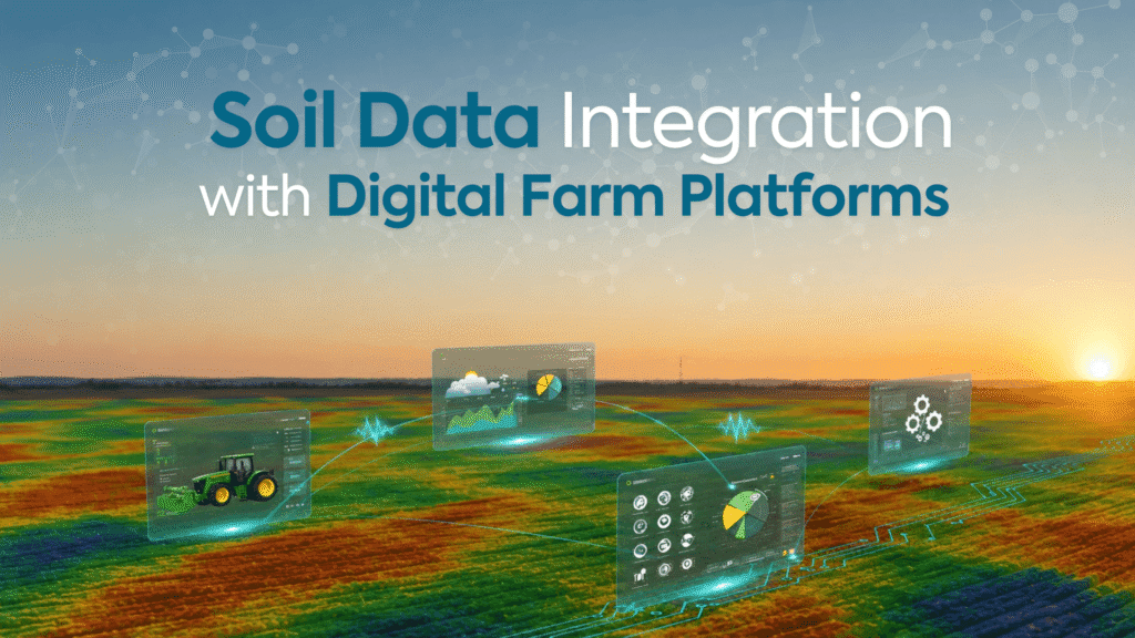 Soil data integration displayed through digital farm platforms and precision agriculture data dashboards, showing high-resolution field mapping, variable rate application zones, and connected smart farming technology.